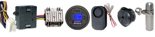 Collection of automotive and electronic components including marine accessories for dashboard instrumentation.