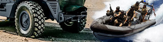 Military inflatable boat with armed personnel, showcasing Wema products for defence.