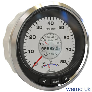 Circular tachometer gauge displaying RPM, hours, and temperature in Colour LCD Multi Function Gauge