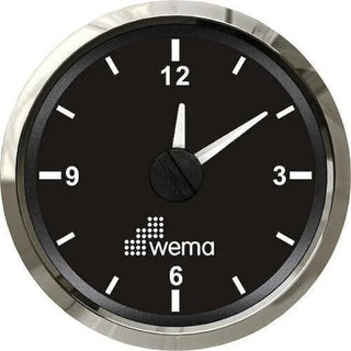 High-precision quartz analogue clock with black face and silver rim showing 2:10