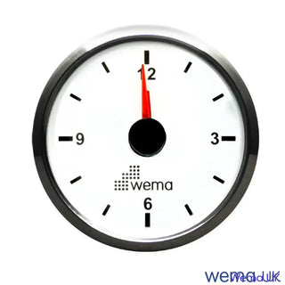 Circular red hand on high-precision quartz analogue clock at 12 o’clock