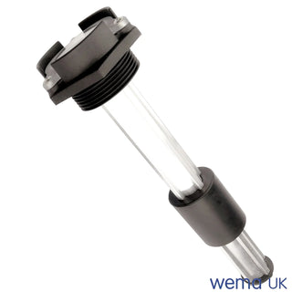 Mechanical level gauge featuring a mechanical bolt with a black plastic cap and metal shaft