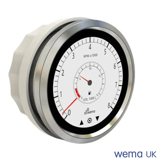 Circular tachometer gauge with white dial and silver casing for Multi-function Touchscreen Gauge