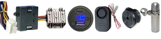 Collection of automotive and electronic components including marine accessories for dashboard instrumentation.