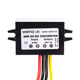 48W DC-DC Voltage Regulator for sensitive electronics with red, black, and yellow wires