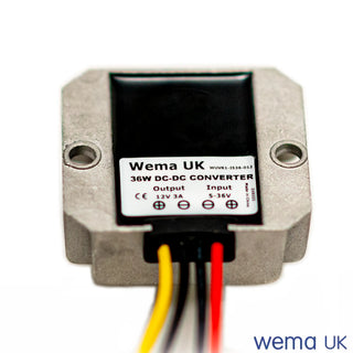 DC-DC converter module for 12V voltage regulator with wires from metal casing