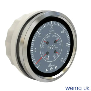 Close up of a Multi-function Touchscreen Gauge displaying oil pressure and Wema NMEA2000