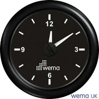 Round black quartz analogue clock with Wema logo, 52mm diameter hole
