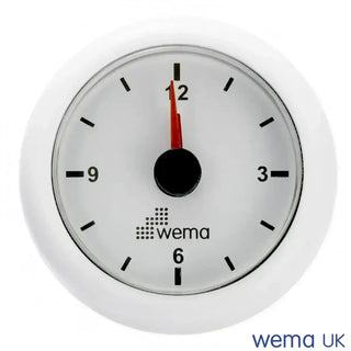 Round white high-precision quartz analogue clock with red hour hand at 12 o’clock