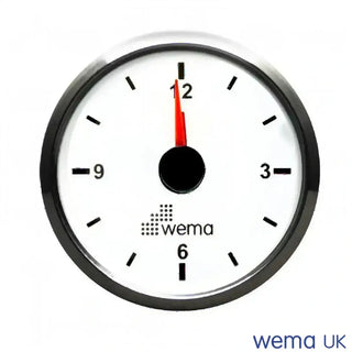 Circular red hand on high-precision quartz analogue clock at 12 o’clock