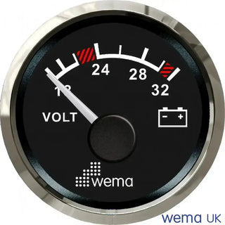 Analogue Voltmeter Gauge with black face and silver rim for 24V circuits