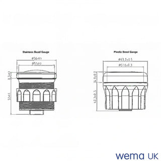 Technical diagram comparing stainless steel and plastic bezel Analogue Voltmeter Gauge