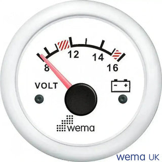 Analogue Voltmeter Gauge with white face displaying 8 to 16 volts for 24V circuits
