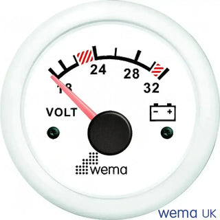 Analogue Voltmeter Gauge displaying 16 to 32 volts for monitoring 24v circuits