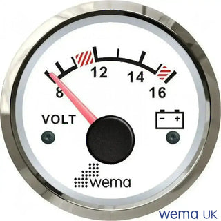 Analogue Voltmeter Gauge with white face, silver rim, for 24V circuits measuring 8-16 volts