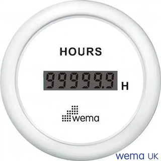 Round Wema hour meter displaying 99999.9 hours for reliable hour meter in 24V circuits
