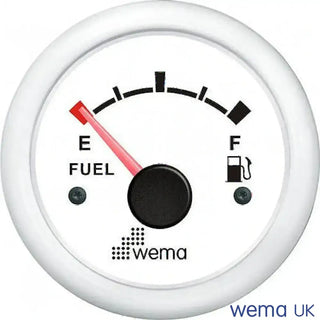 Analogue fuel level gauge displaying a nearly empty fuel tank level with vibrant bezel colours