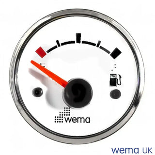 Analogue fuel level gauge with white face and chrome bezel showing nearly empty tank