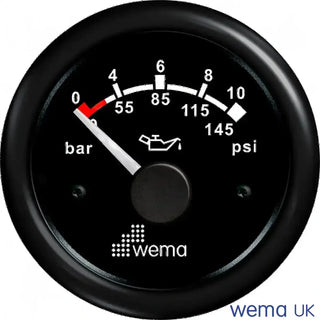 Oil pressure gauge for vehicles with analogue display, measuring 0-10 bar and psi