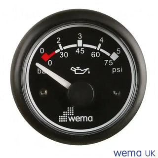 Oil pressure gauge with black dial and white markings, measuring 0-10 bar, analogue oil pressure