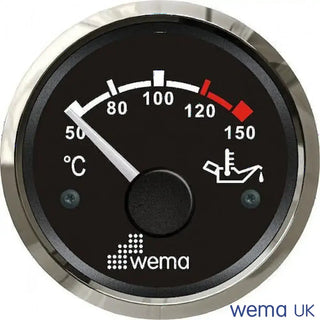Circular Oil Temperature Gauge with black face and white markings for engine oil temperature