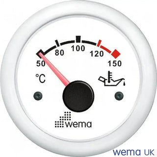 Circular oil temperature gauge with white face and red needle for engine oil temperature