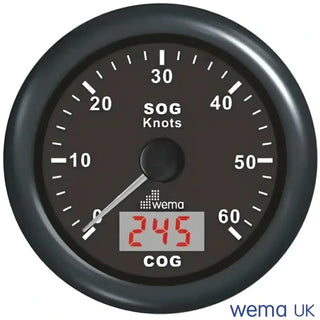 Nautical gauge showing speed in knots and COG on Wema Analogue GPS Speedometer