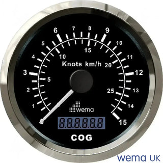 Speedometer gauge in Analogue GPS Speedometer displaying COG in knots and km/h