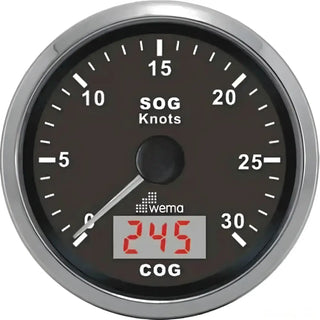 Speedometer gauge displaying Speed Over Ground and Course Over Ground in knots, Analogue GPS Speedometer