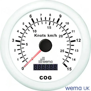 Circular speedometer gauge displaying knots and km/h on a Wema Analogue GPS Speedometer