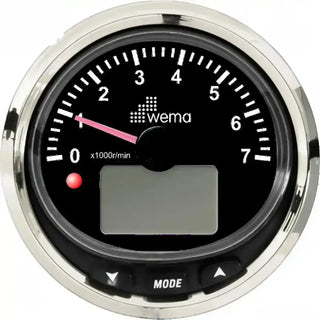 Circular tachometer gauge with digital display and Wema branding for NMEA2000 Multi-Function Tachometer