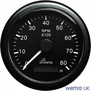 Circular Wema Tachometer with LCD Hour Meter, displaying engine RPM up to 8000