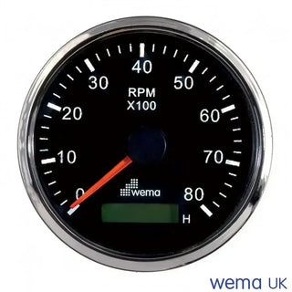 Circular Wema Tachometer gauge displaying engine RPM up to 8000 with LCD hour meter