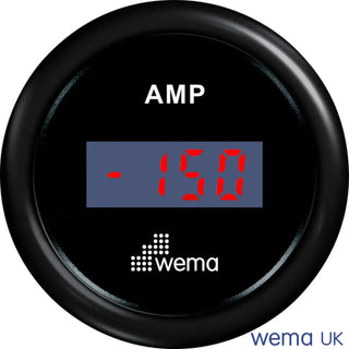 Digital ammeter gauge showing -150 amps in a heavy-duty ammeter sensor, Wema branded