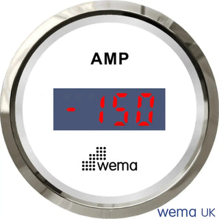 Digital ammeter gauge with stainless steel bezel showing -150 AMP, heavy-duty ammeter sensor