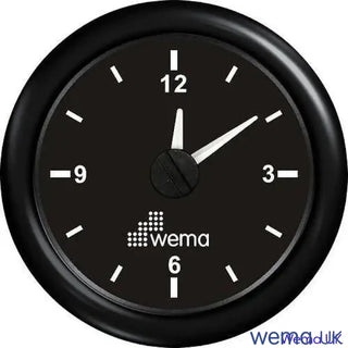 Round black quartz analogue clock with Wema logo, 52mm diameter hole