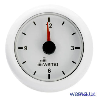 Round white high-precision quartz analogue clock with red hour hand at 12 o’clock