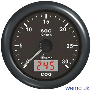 Analogue GPS Speedometer with 85mm diameter gauge showing Speed Over Ground and Course Over Ground