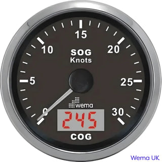 Speedometer gauge displaying Speed Over Ground and Course Over Ground in knots, Analogue GPS Speedometer