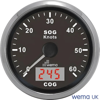 Speedometer gauge showing SOG and COG in knots for Wema Analogue GPS Speedometer