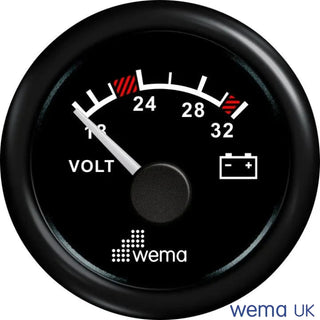 Analogue Voltmeter Gauge with black face, measuring 18 to 32 volts for 24V circuits
