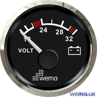Analogue Voltmeter Gauge with black face and silver rim for 24V circuits