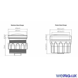 Technical diagram comparing stainless steel and plastic bezel Analogue Voltmeter Gauge