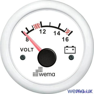 Analogue Voltmeter Gauge with white face displaying 8 to 16 volts for 24V circuits