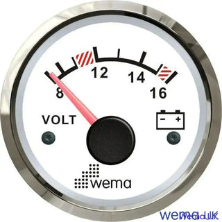 Analogue Voltmeter Gauge with white face, silver rim, for 24V circuits measuring 8-16 volts