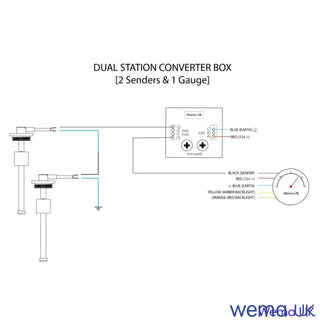 Wiring diagram for Dual Station Converter with two senders and gauge from Wema UK
