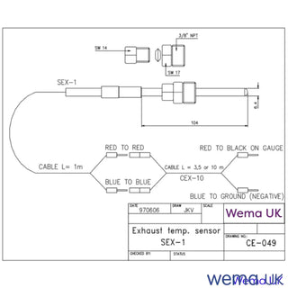 Technical diagram of Wema Exhaust Temperature Sender with wiring specifications