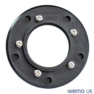 Circular black plastic flange with metal screws for FL-2 Tank Fitting, SAE 5-hole pattern