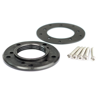 Circular metal flange adapter with mounting holes for FL-2 tank fitting and SAE 5-hole pattern