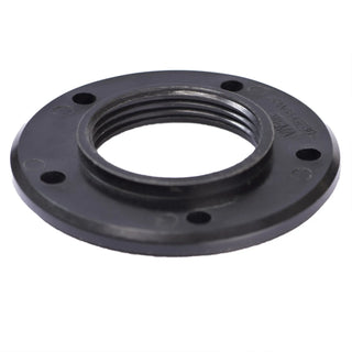 Circular black plastic flange for FL-3 tank fitting with threaded opening and mounting holes